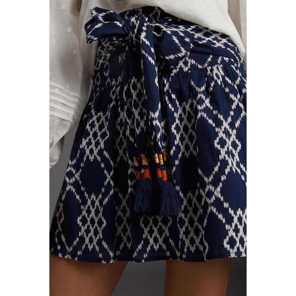 Anthropologie Blue and White Skater Mini Skirt with Tie Front